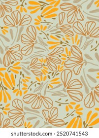 Orange Blumen und Blätter Muster auf grünem Hintergrund für Web-Banner, Branding-Paket, Stoffdruck, Tapete, Social-Media-Post, doodle, Notizen, Buchumschläge, Wanddekoration.