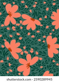 Orange flowers and leaves patterns on green background for web banner, branding package, fabric print, wallpaper, social media post, doodle, notes, book covers, wall decor.