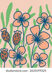 Orange flowers and leaves patterns on orange background for web banner, branding package, fabric print, wallpaper, social media post, doodle, notes, book covers, wall decor.
