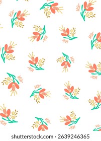 Orange flowers with leaves patterns on white background for branding, fabric print, wallpaper, social media post, doodle, notes, book covers, wall decor.