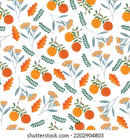 Orange, flowers and leaves seamless pattern. Delicate petals and vibrant blossoms create an artistic and vintage botanical illustration. Perfect for wallpaper, fabric, wrapping paper and more.