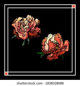 Orange flowers on black background with white square border, white square, outline, cartoon style, template for card, greeting, invitation, poster, banner, party, congratulation, postcard, blooming