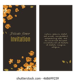 orange flowers on a black background. Invitation card design. Autumn colors