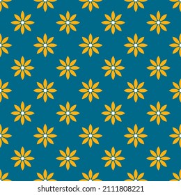 Orange flowers on blue background seamless pattern. Vector illustration.