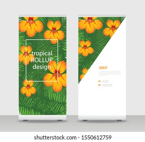 Orange flowers on green Modern Exhibition Advertising Trend Business Roll Up Banner Stand Poster Brochure flat design template creative concept. Floral Roll Up EPS. Presentation Cover