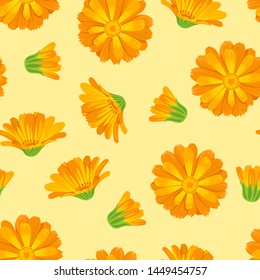 Orange flowers on a yellow background seamless pattern. Vector illustration of calendula in cartoon simple style.