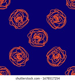 Orangefarbene Blumen mit einer einzigen Linie, kreide, nahtlose abstrakte Muster auf dunkelblauem Hintergrund, Design-Druck, Textur für den Druck von Vektorillustration