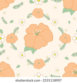 Orange flowers in pastel tones create a delightful and cheerful atmosphere feelings of joy and warmth, reminiscent of sunny days. Tiny White Bloom and Green Leaf Stem Seamless Pattern Vector hand draw