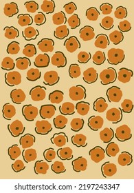 Orange flowers pattern illustrations, vector on yellow background for phone case, logo, pillow case, fabric print, wallpaper, social media post, doodle, covers, book covers, wall decor, cards