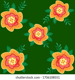 Orange flowers pattern with leafs on a grass. Vector illustration. Pattern, fabric, textile, creative. Floral forest print. Floral design. Isolated blooming art. Stylization orange green decoration. 