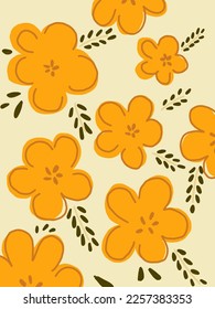 Orangefarbene Blumen mit den Blättern auf gelbem Hintergrund. Illustrationen, Vektorästhesie für Tapeten, Wanddekor, Vorlagenabdeckungen, Kunstdrucke