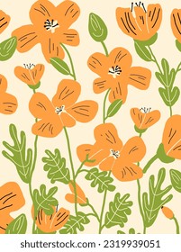 Flores anaranjadas con las hojas sobre fondo desnudo. ilustraciones, estética vectorial para papel pintado, decoración de pared, cubiertas de plantillas, impresiones de arte