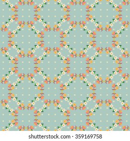 Orange flowers pattern on blue dotted background