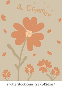 Orange flowers pattern on green background. illustrations, vector aesthetic for wallpaper, wall decor, templates covers, art prints