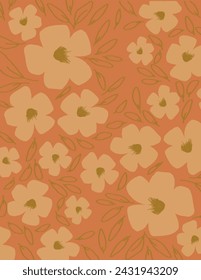 Orange flowers patterns with leaves on orange background for branding, fabric print, wallpaper, social media post, doodle, notes, book covers, wall decor.
