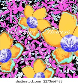 orange flowers and purple background. Modern retro pop art style