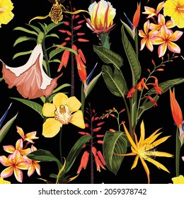Orange flowers. Seamless floral pattern with many kind of yellow orange glossy flowers and palm leaves. Tropical pattern on a black background. 
