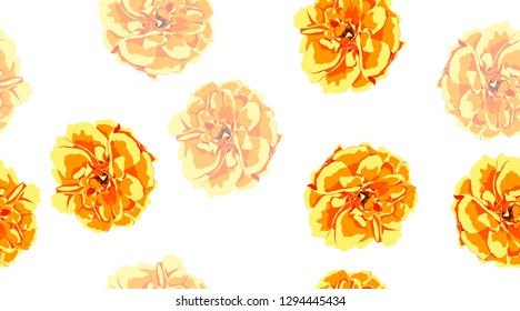 Orange Flowers, Seamless Pattern. Roses or Peony. Vintage Floral Background for Textile Print. Yellow Flowers Hand Drawn in Watercolor Style. Elegant Feminine Texture for Fabric. Flowers Illustration.