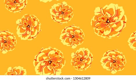 Orange Flowers, Seamless Pattern. Roses or Peony. Vintage Floral Background for Textile Print. Yellow Flowers Hand Drawn in Watercolor Style. Elegant Feminine Texture for Fabric. Flowers Illustration.