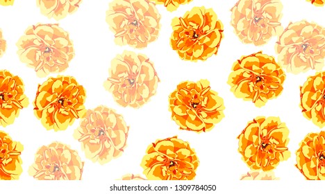 Orange Flowers, Seamless Pattern. Roses or Peony. Vintage Floral Background for Textile Print. Yellow Flowers Hand Drawn in Watercolor Style. Elegant Feminine Texture for Fabric. Flowers Illustration.