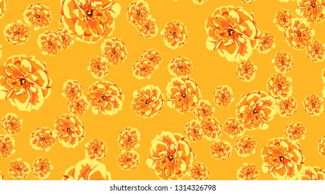 Orange Flowers, Seamless Pattern. Roses or Peony. Vintage Floral Background for Textile Print. Yellow Flowers Hand Drawn in Watercolor Style. Elegant Feminine Texture for Fabric. Flowers Illustration.
