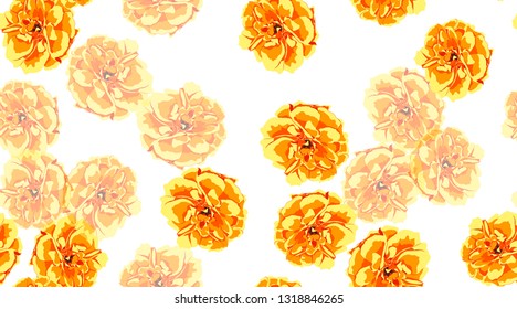 Orange Flowers, Seamless Pattern. Roses or Peony. Vintage Floral Background for Textile Print. Yellow Flowers Hand Drawn in Watercolor Style. Elegant Feminine Texture for Fabric. Flowers Illustration.