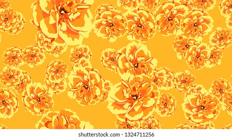 Orange Flowers, Seamless Pattern. Roses or Peony. Vintage Floral Background for Textile Print. Yellow Flowers Hand Drawn in Watercolor Style. Elegant Feminine Texture for Fabric. Flowers Illustration.