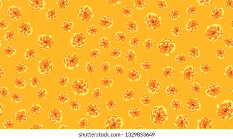 Orange Flowers, Seamless Pattern. Roses or Peony. Vintage Floral Background for Textile Print. Yellow Flowers Hand Drawn in Watercolor Style. Elegant Feminine Texture for Fabric. Flowers Illustration.