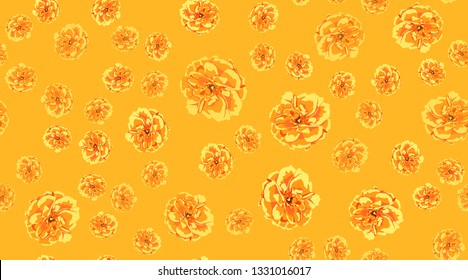 Orange Flowers, Seamless Pattern. Roses or Peony. Vintage Floral Background for Textile Print. Yellow Flowers Hand Drawn in Watercolor Style. Elegant Feminine Texture for Fabric. Flowers Illustration.