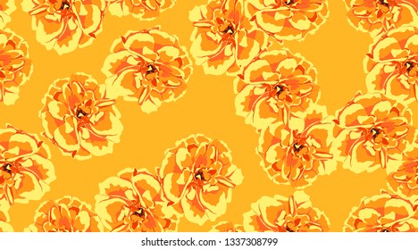 Orange Flowers, Seamless Pattern. Roses or Peony. Vintage Floral Background for Textile Print. Yellow Flowers Hand Drawn in Watercolor Style. Elegant Feminine Texture for Fabric. Flowers Illustration.