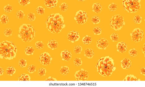 Orange Flowers, Seamless Pattern. Roses or Peony. Vintage Floral Background for Textile Print. Yellow Flowers Hand Drawn in Watercolor Style. Elegant Feminine Texture for Fabric. Flowers Illustration.
