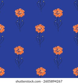 orange flowers are seen regularly spaced on a blue background