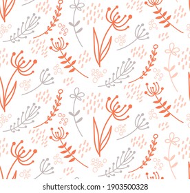 Orange flowers with silver branches. Abstract floral seamless patern. Hand drawn vector stock illustration.