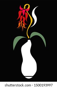 Orange flowers in a tall white vase in a black background.Art of orange flowers in a vase.Black background art work with strange-shaped flowers in a vase