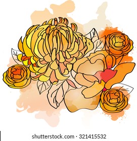 orange flowers with watercolor splash 