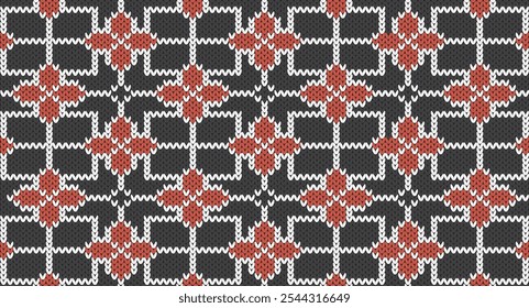 Orange flowers with white line on grey knitted pattern, Festive Sweater Design. Seamless Knitted Pattern