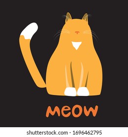 Orange fluffy cat with tassels in the ears and a white tail and paws and lettering with the text meow isolated on a black background. Scandinavian stock vector illustration as a print for children