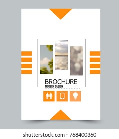 Orange flyer design template with built in images. Brochure for business, education, presentation, advertisement. Corporate identity concept. Editable vector illustration.