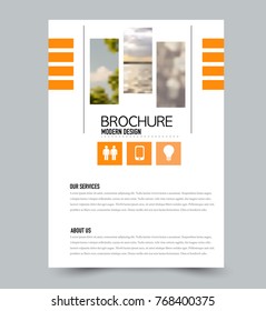 Orange flyer design template with built in images. Brochure for business, education, presentation, advertisement. Corporate identity concept. Editable vector illustration.