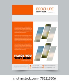 Orange flyer design template with built in images. Brochure for business, education, presentation, advertisement. Corporate identity concept. Editable vector illustration.