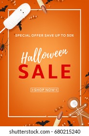 Orange flyer for halloween sale. Top view on paper bats, spiders and confetti. Vector illustration with cookies in form of skeleton gingerbread man. Special seasonal offer.