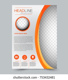 Orange flyer template. Abstract brochure design. Annual report cover background. For business, education, advertisement. Editable vector illustration.
