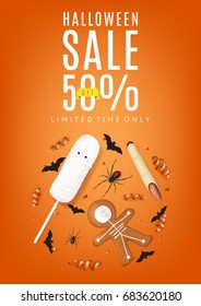 Orange flyer with treats for halloween sale. Top view on paper bats, spiders, confetti and serpentine. Vector illustration with cookies in form of skeleton gingerbread man.