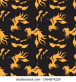 Orange flying halloween witch and bats on black background seamless pattern. Vector illustration.
