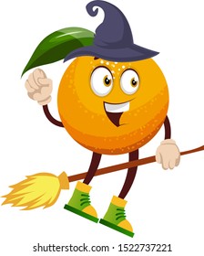 Orange flying on broom, illustration, vector on white background.