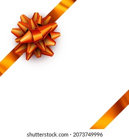 Orange foil ribbon with beautiful bow. For gift box, present. Decoration element. Space for text. Vector illustration.
