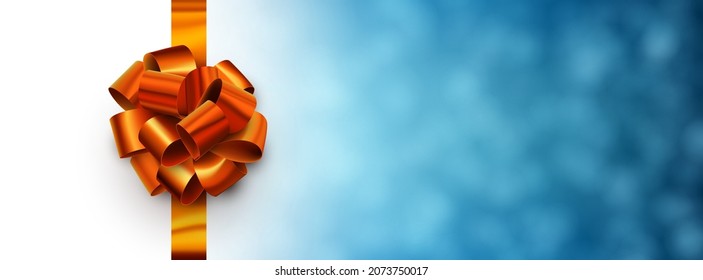 Orange foil ribbon with beautiful bow on blue blurred background. Space for text. Vector illustration.