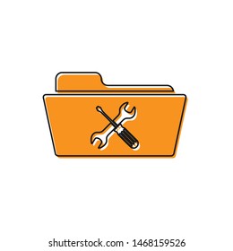 Orange Folder with screwdriver and wrench icon isolated on white background. Adjusting, service, setting, maintenance, repair, fixing.  Vector Illustration
