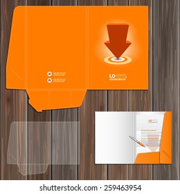 Orange folder template design for corporate identity with red arrow. Stationery set