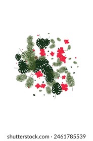 Orange Foliage Background White Vector. Strelitzia Modern Design. Yellow Flower. Graphic Pattern. Pink Forest Card.